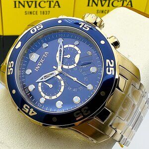 NEW Invicta Mens PRO DIVER SCUBA Chronograph Blue Dial 18Kt Gold Plated Watch